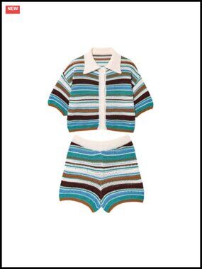 Womens Cropped Short Sleeve Polo Sweater Striped Button Up Knit Top